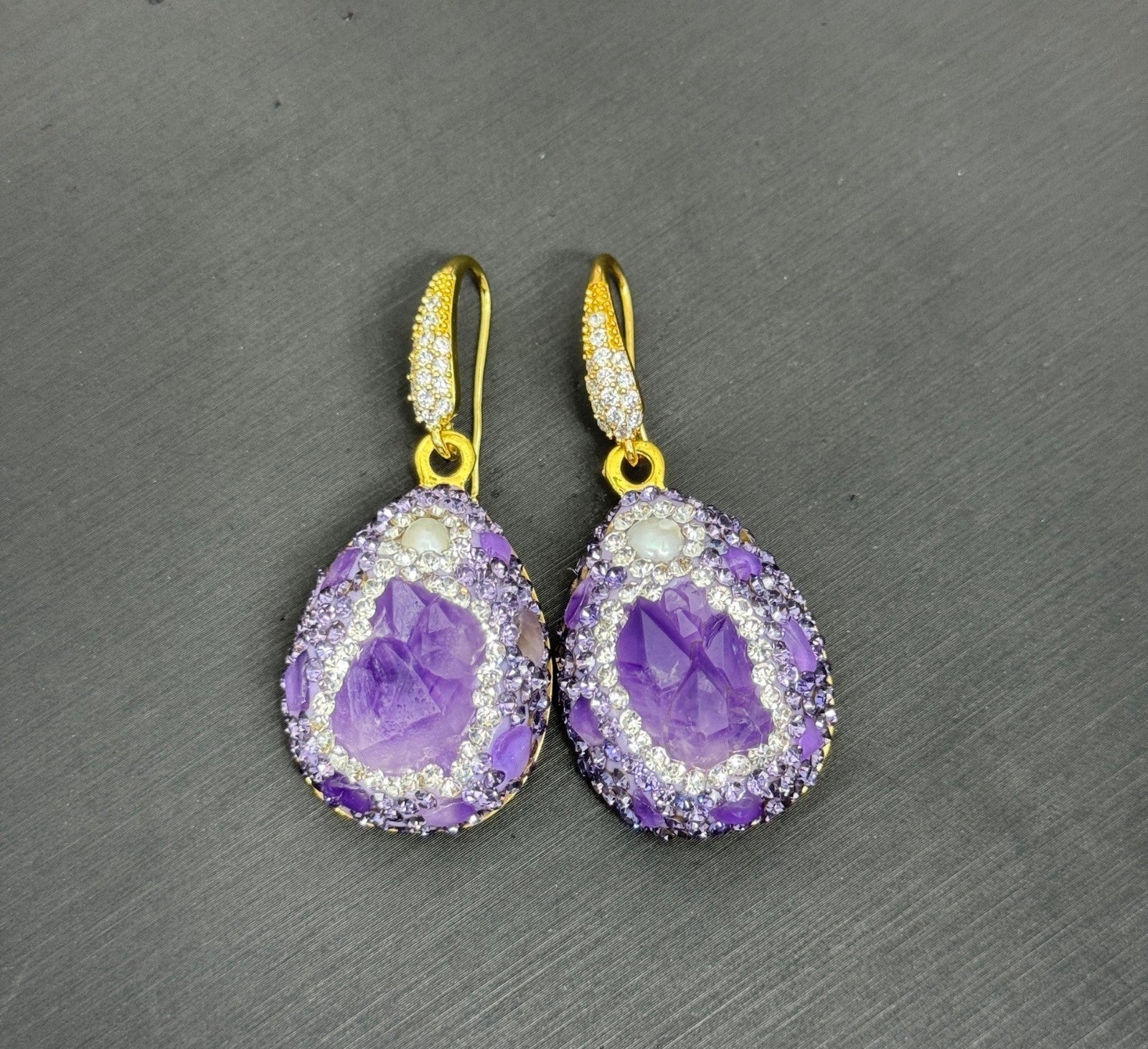 Natürliche rohe AmethystSetHalskette,Ohrringe,Ring Tschechischer Crystal5