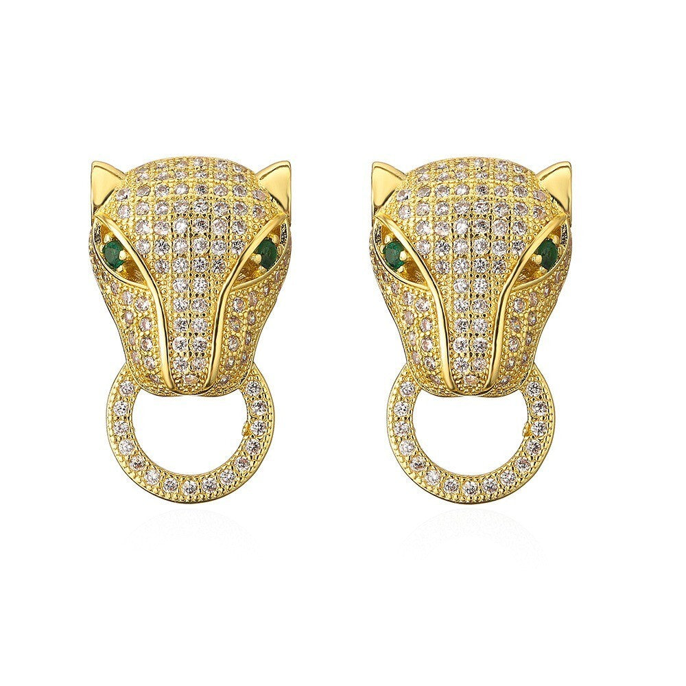 Schöne Damen Ohrringe Ohrstecker 18 Karat GoldLeopardenkopfZirkonOhrringe1
