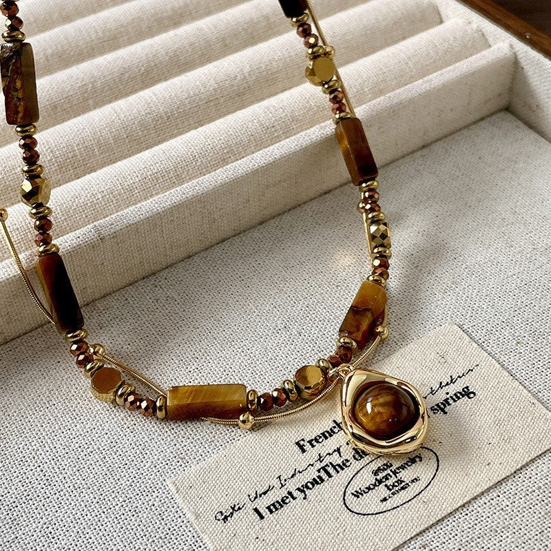 Zweireihige Perlenkette mit Tigerauge Anhänger,Elegante Gold Halskette Edelstahl10