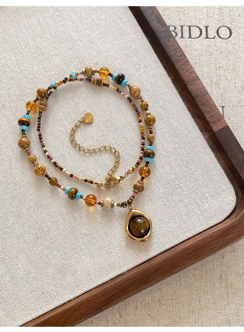 Halskette aus Titanstahl Tigerauge aus Naturstein für Damen, exklusives Design0