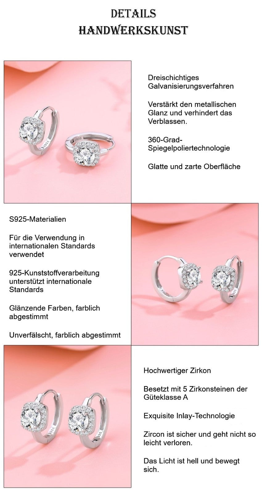 925S Silber Damen Ohrringe Creole, funkelnde quadratische Diamantohrringe,Zirkon2