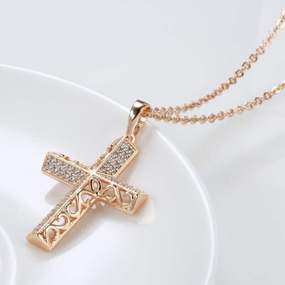Kreuz Halskette mit Anhänger 585er Rosé Gold Walzgold1