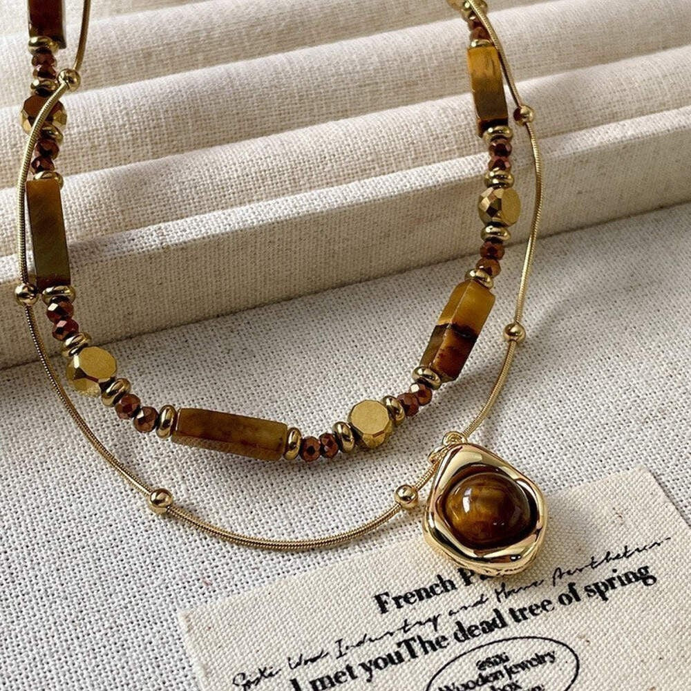 Zweireihige Perlenkette mit Tigerauge Anhänger, elegante vergoldete Edelstahlhal15