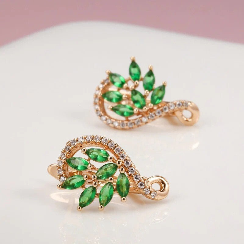 Ohrringe Schmetterling Feder Blume Creolen 18K Gold Damen Grün Zirkonia Steine6
