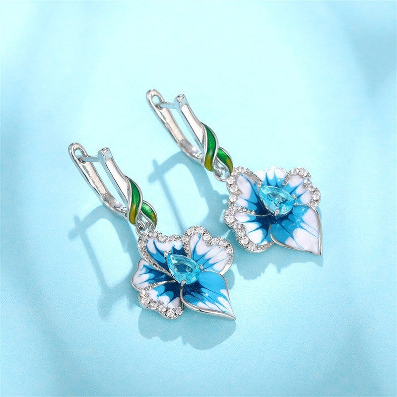 BlumenOhrringe Blau AAA Zirkon für Damen White Gold lange Ohrringe für Frauen m5