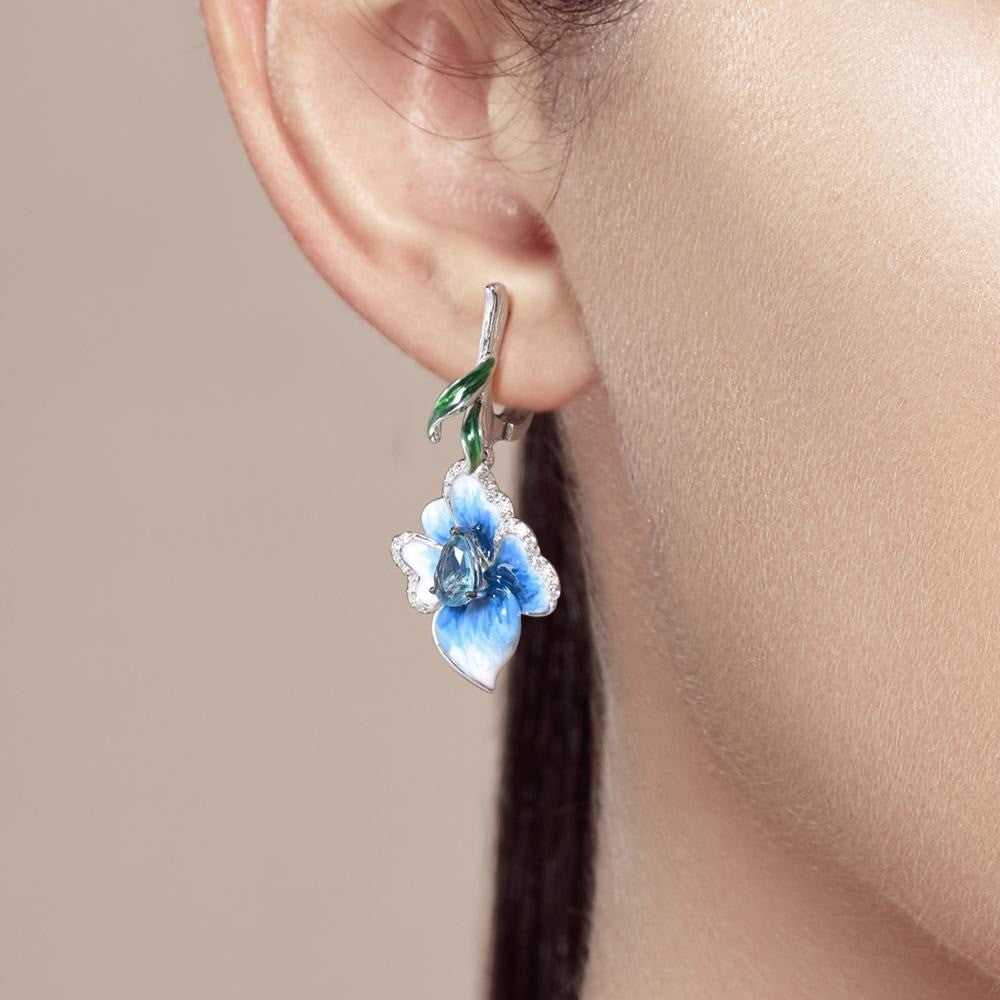 BlumenOhrringe Blau AAA Zirkon für Damen White Gold lange Ohrringe für Frauen m8