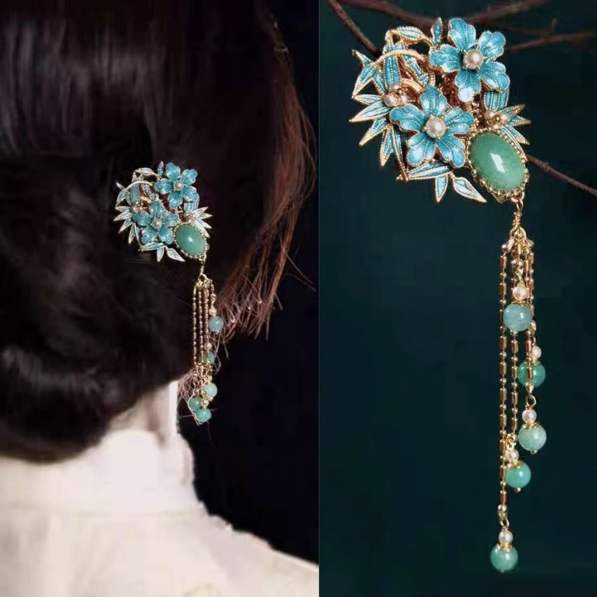 Haarspange im Hanfu Stil – Blau Emaille & Quasten – Retro Haarschmuck – Fu Symbo3