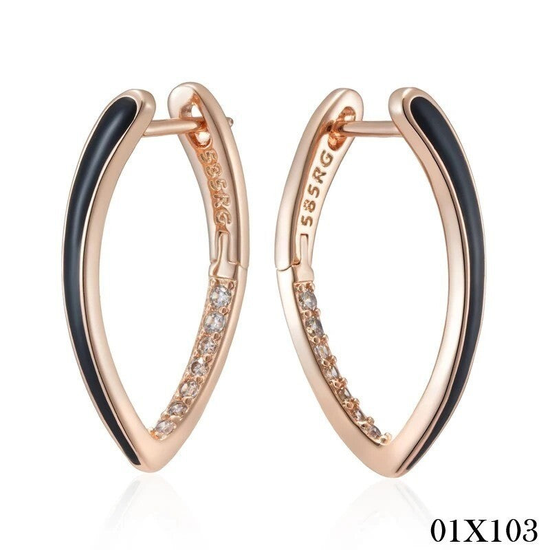 Luxus Damen Ohrringe Creole 585 Rose Gold Farbe Schwarz Emaille Tropfen Ohrring1