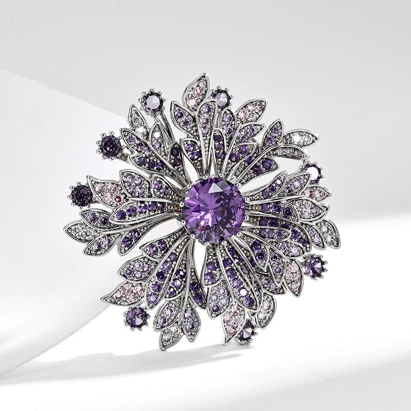 Luxus Damen Silber Brosche Sonnenblumen voller Lila Diamanten corsage temperame8