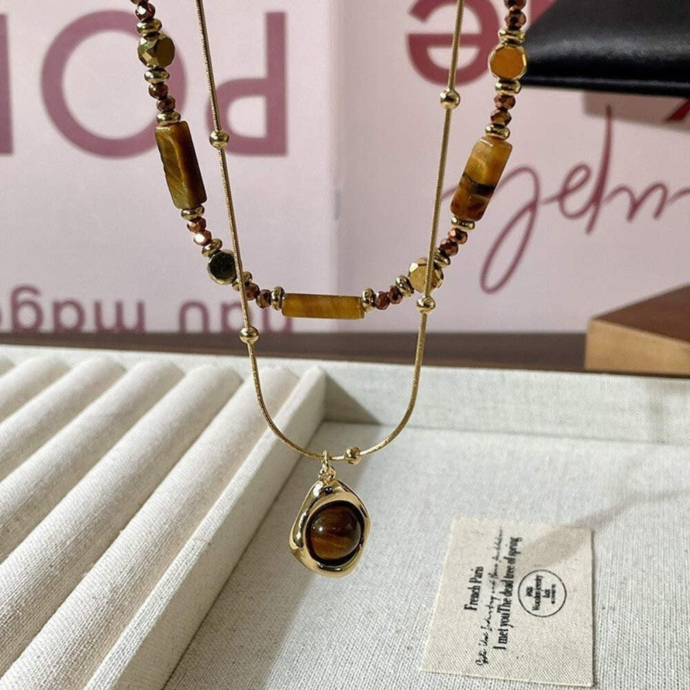 Zweireihige Perlenkette mit Tigerauge Anhänger, elegante vergoldete Edelstahlhal11
