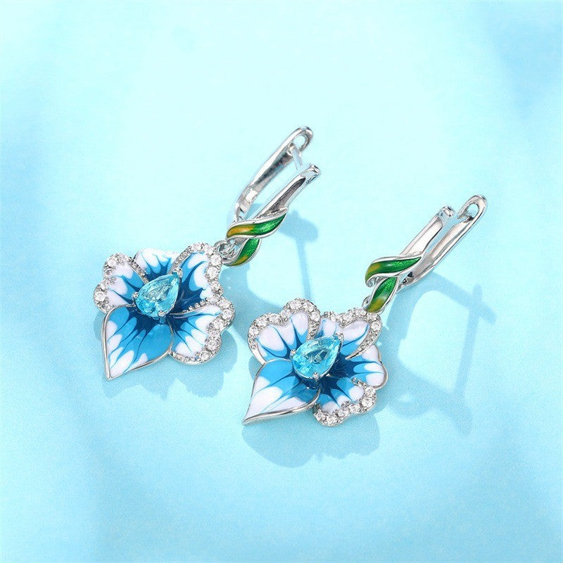 BlumenOhrringe Blau AAA Zirkon für Damen White Gold lange Ohrringe für Frauen m7