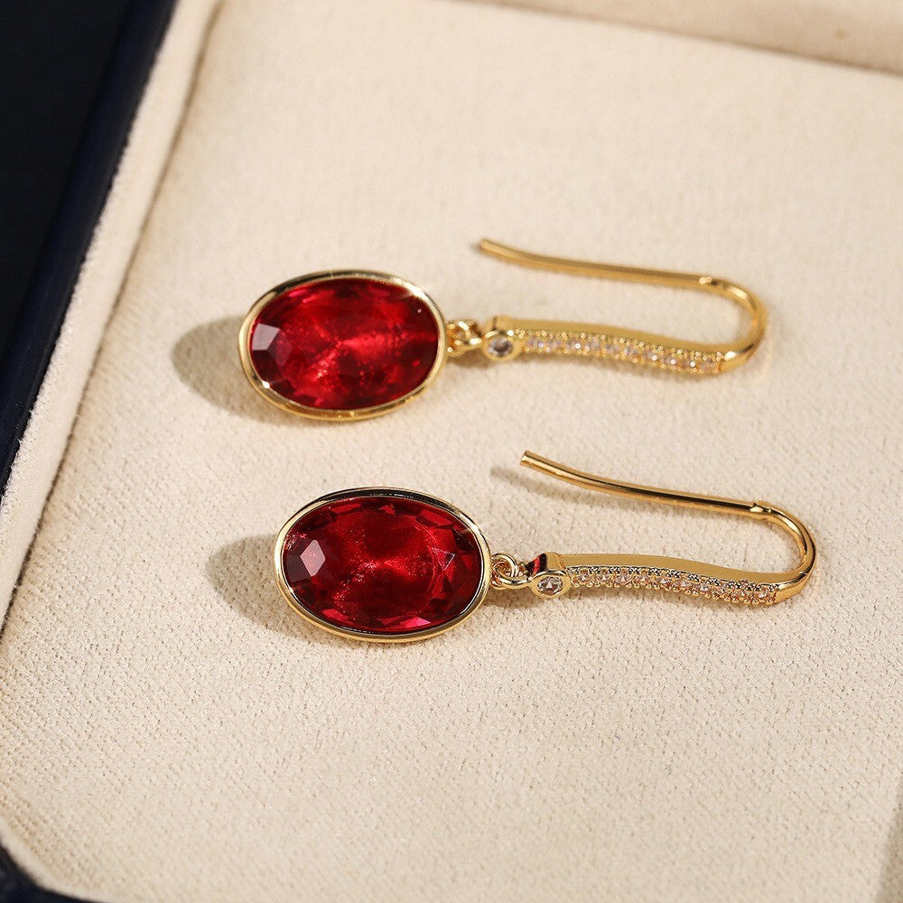 Damen Ogrringe Gold schlichte ovale rote ZirkonOhrringe, vielseitige Ohrringe5