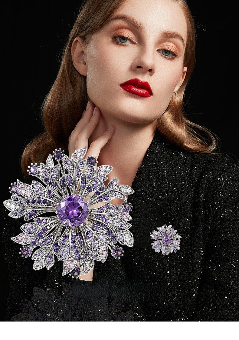 Luxus Damen Silber Brosche Sonnenblumen voller Lila Diamanten corsage temperame12