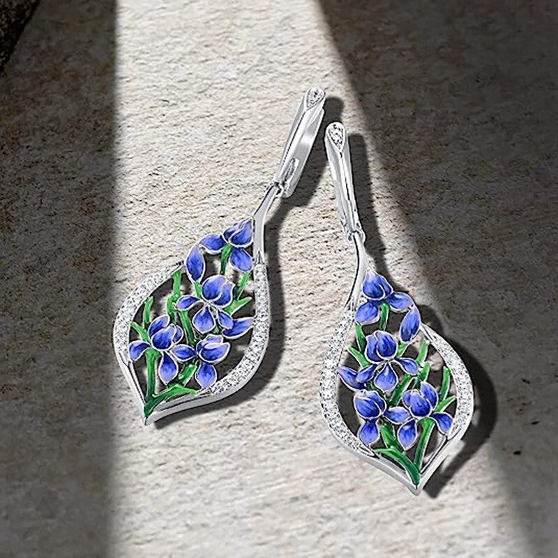 Blaue Blumen Ohrringe Damen Weißgold lang mit Emaille Design Schmuck12