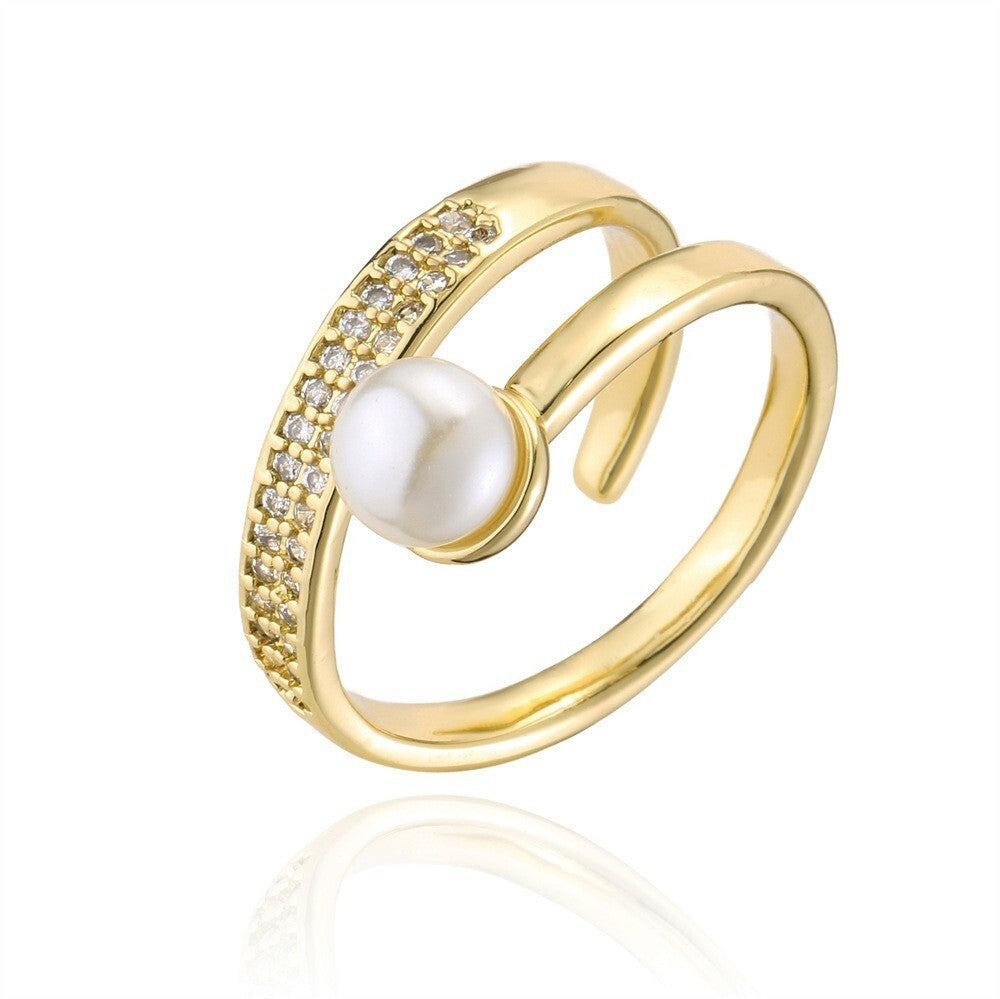 Luxus Damen Ring mit Perlen zirkon schmuck 18K goldüberzogene perle geometrisch3