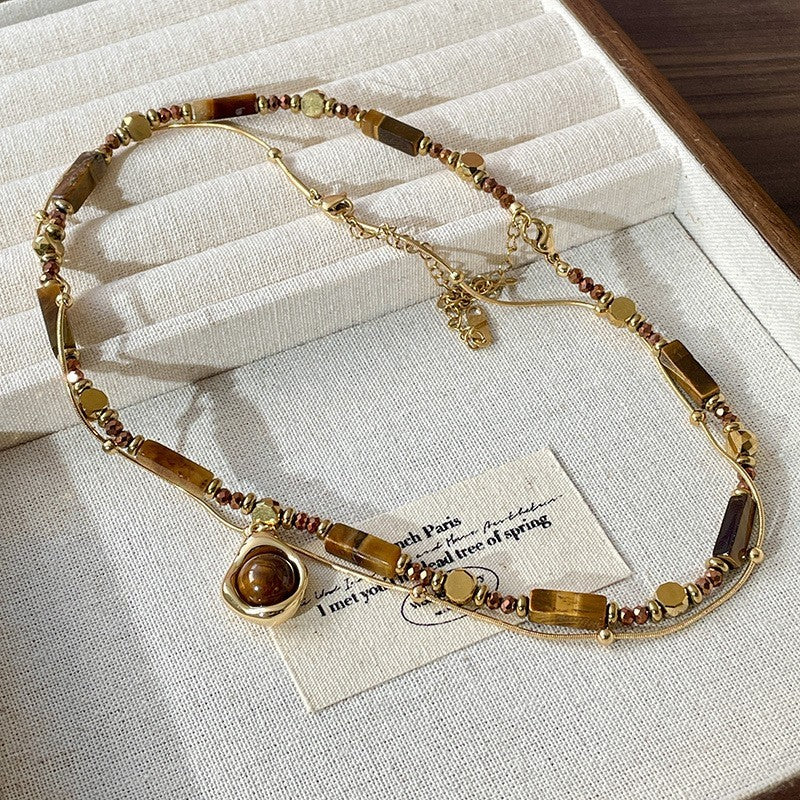 Zweireihige Perlenkette mit Tigerauge Anhänger,Elegante Gold Halskette Edelstahl16