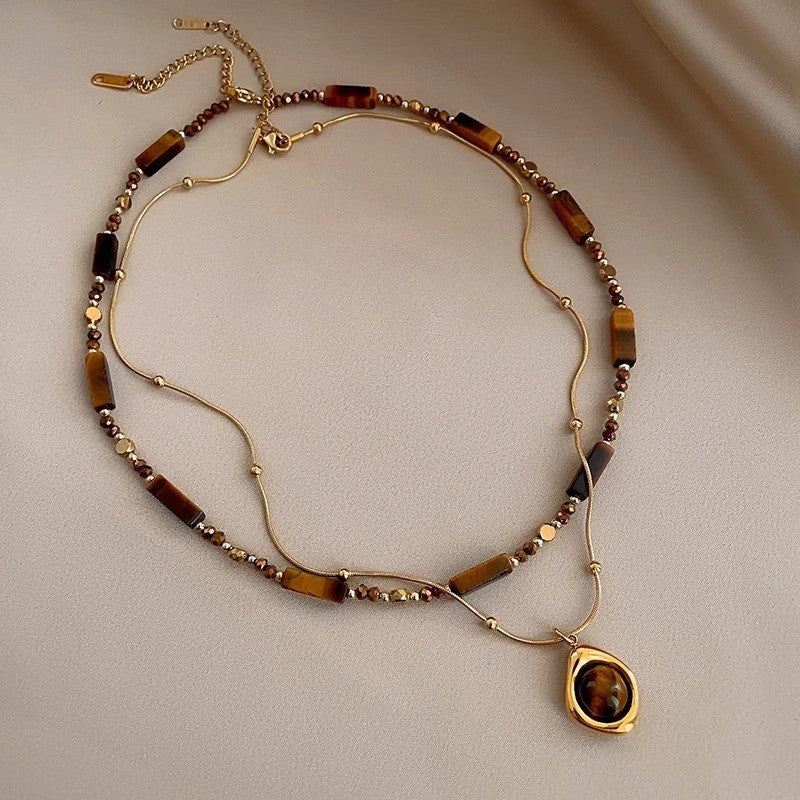 Zweireihige Perlenkette mit Tigerauge Anhänger,Elegante Gold Halskette Edelstahl9