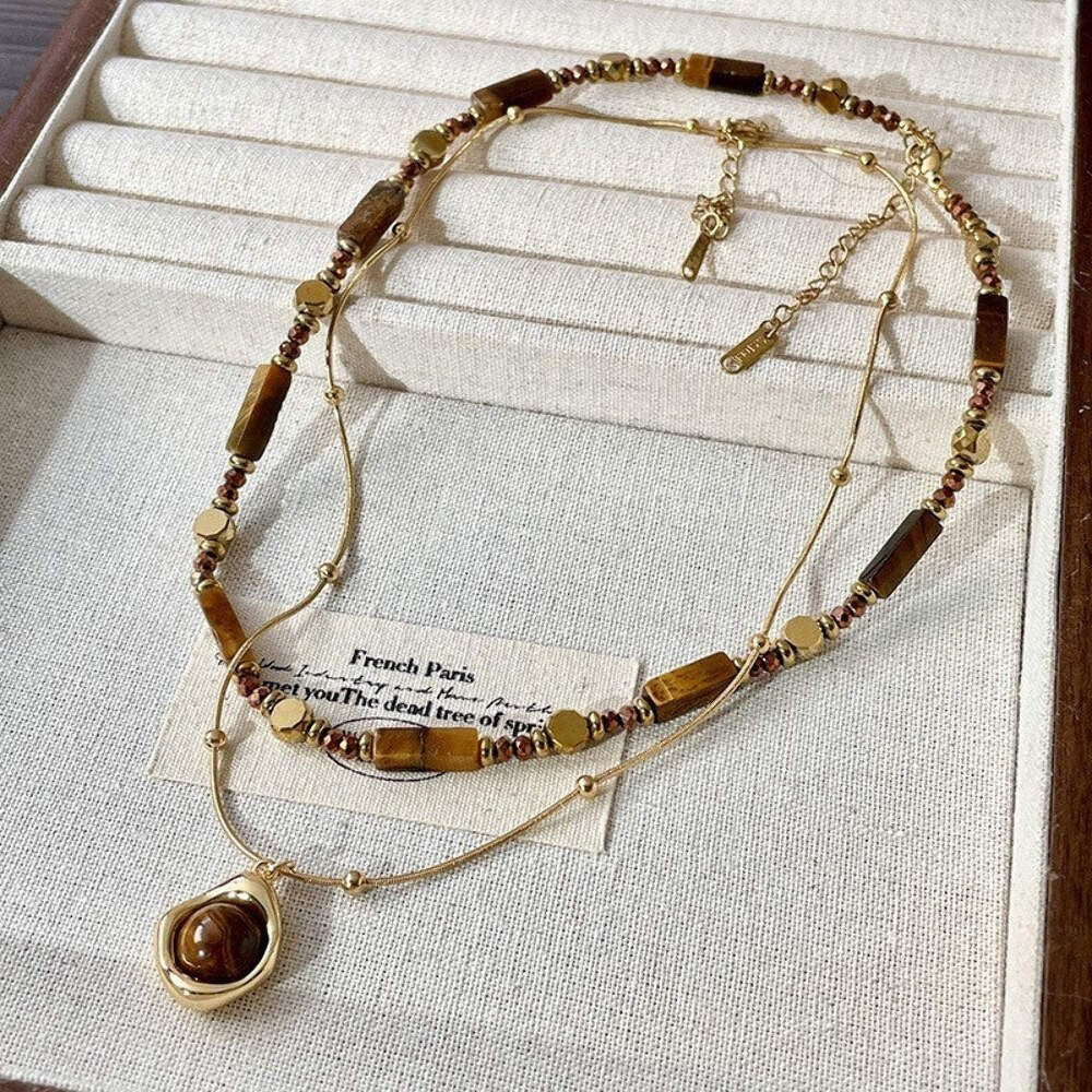 Zweireihige Perlenkette mit Tigerauge Anhänger, elegante vergoldete Edelstahlhal12