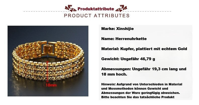 Luxus Armband Gold 19,3cm Damen Herren aus reinem Kupfer, vergoldet, Herrenuhrke6