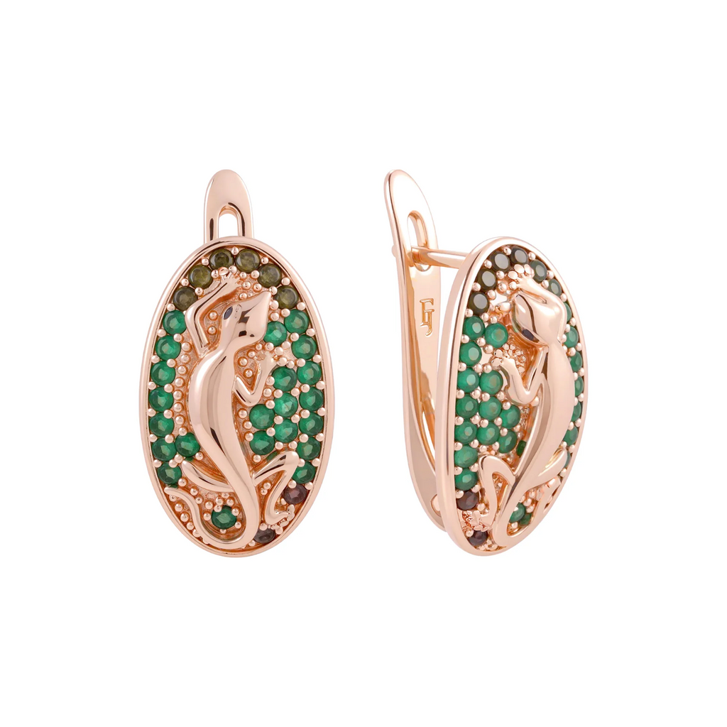 Damen Ohrringe Chamäleon 585 Rosegold smaragdgrünen Zirkon-Clustern in Roségold0