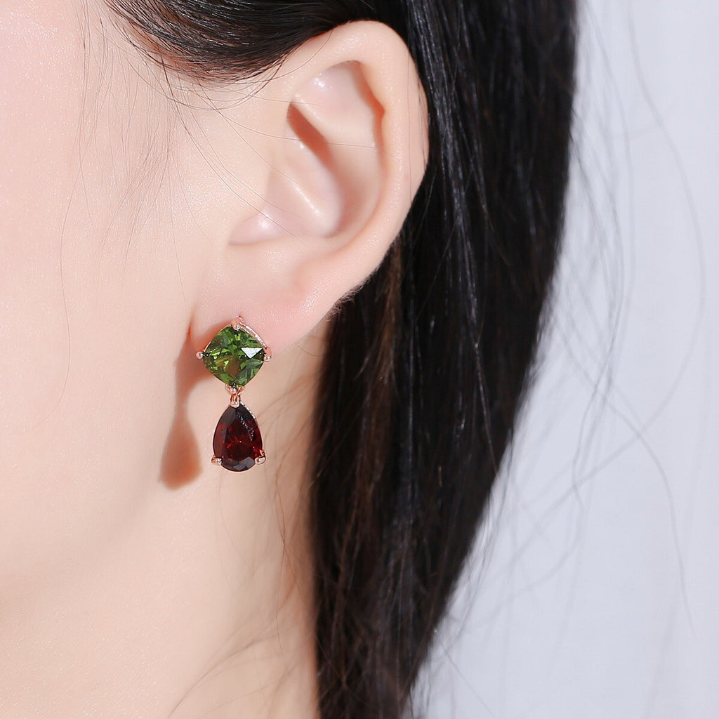 Eleganter Damen Ohrringe Ohrstecker Charm Grüner Peridot Roter Granat Rosé Gold3