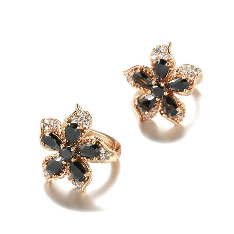 Luxus Damen Ohrringe Creolen Blumen Schwarze Zirkon Kristal 585RG Roségold übe1