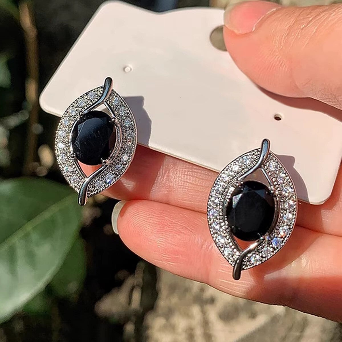 Luxus Damen Creolen Ohrringe 925 Silber versilbert schwarzer Kristall CZ0
