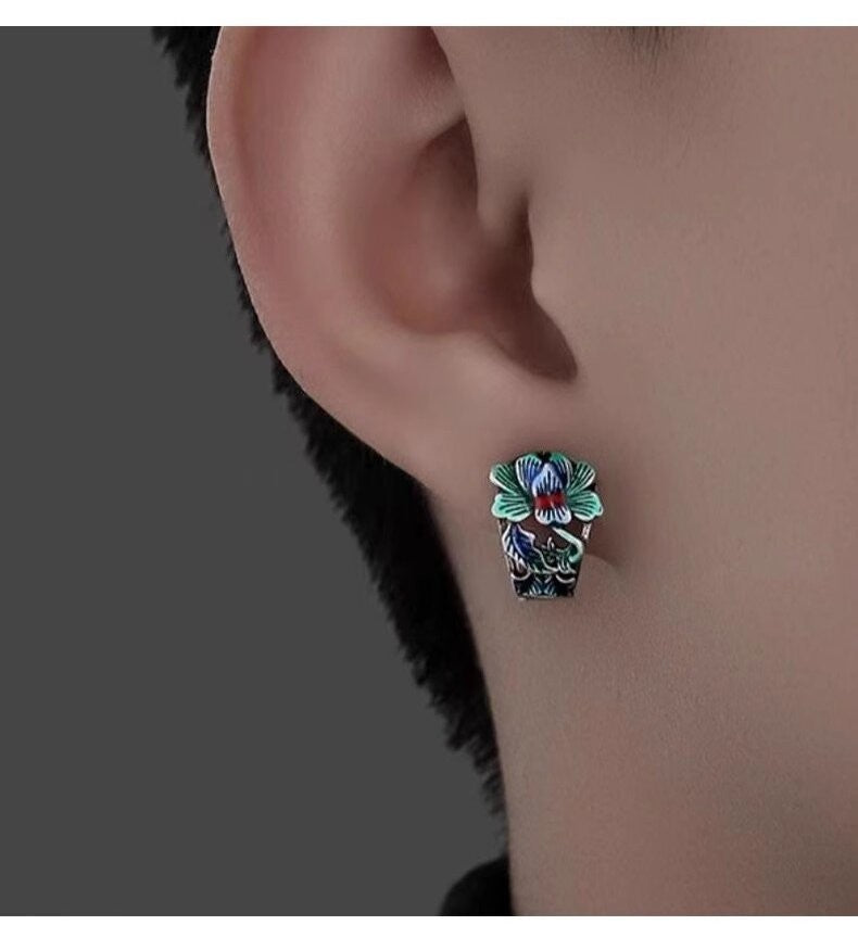 Herren Ohrringe Creole mit CloisonnéPfingstrosenmotiv, modisch und hochwertig,5