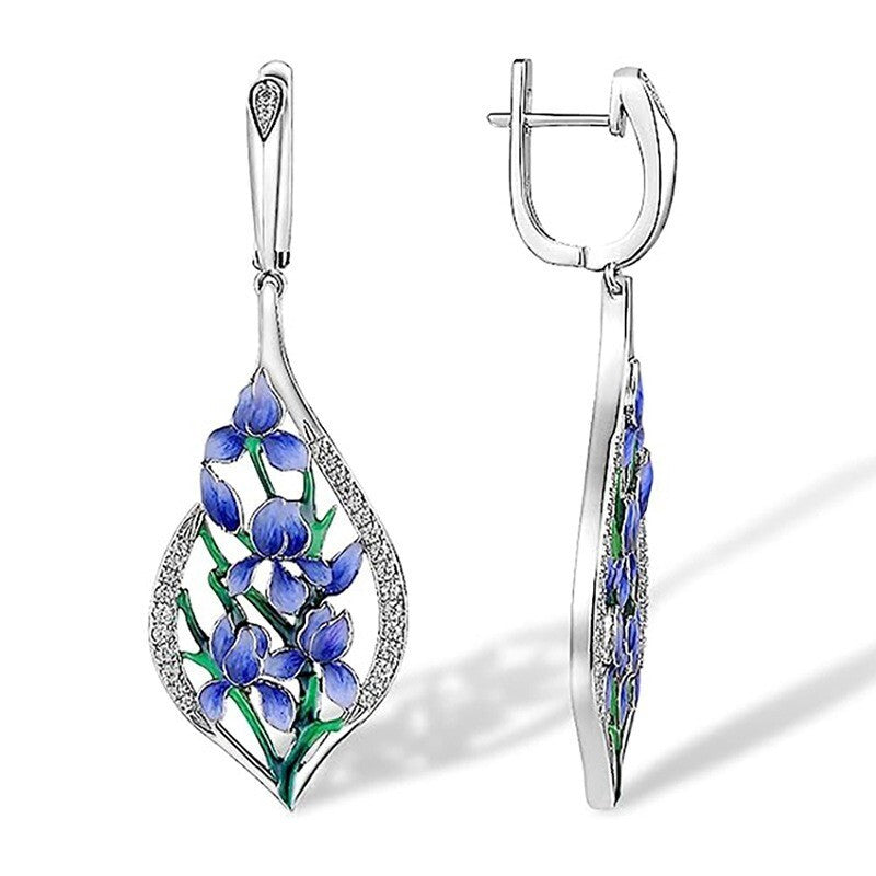 Blaue Blumen Ohrringe Damen Weißgold lang mit Emaille Design Schmuck2