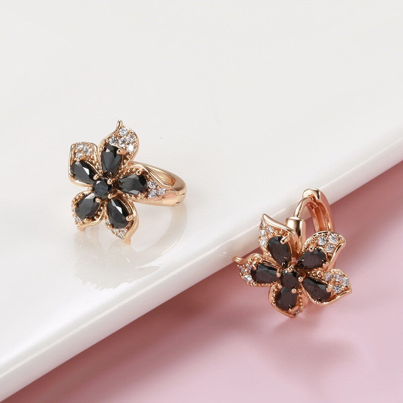 Luxus Damen Ohrringe Creolen Blumen Schwarze Zirkon Kristal 585RG Roségold übe4