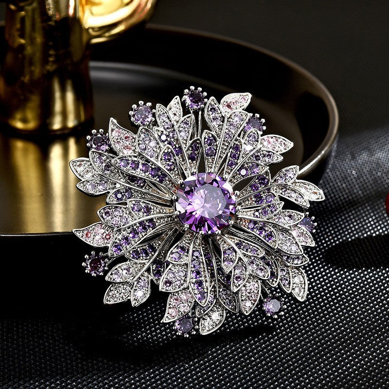 Luxus Damen Silber Brosche Sonnenblumen voller Lila Diamanten corsage temperame4