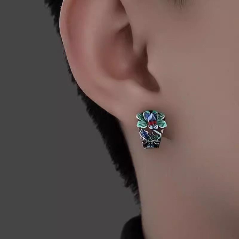 Herren Ohrringe Creole mit CloisonnéPfingstrosenmotiv, modisch und hochwertig,8