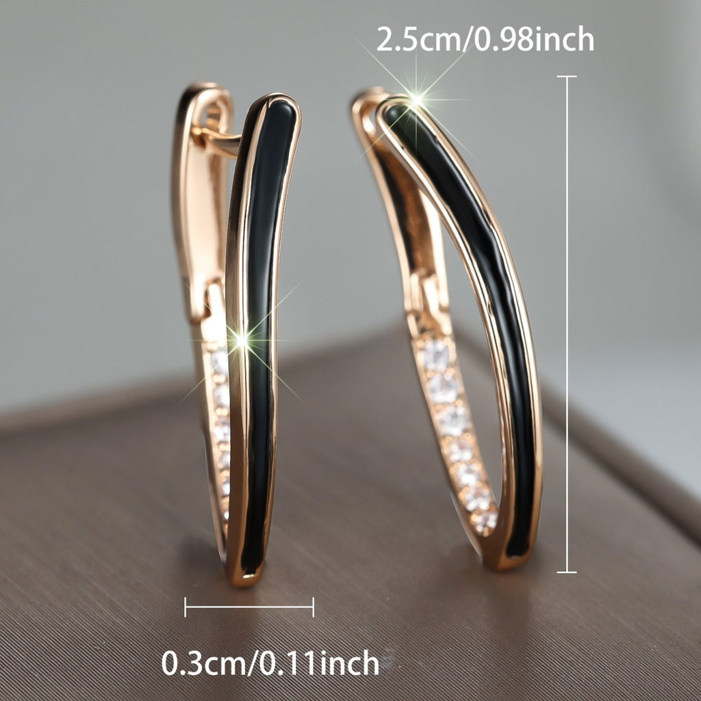 Damen Ohrriinge Champagner Gold Vförmigem Design weißen Diamanten schwarzem2