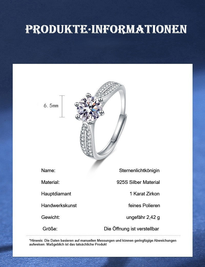 925er Sterlingsilber Damen Ring, 1Karat Zirkon, Star QueenRing offener Diamant3