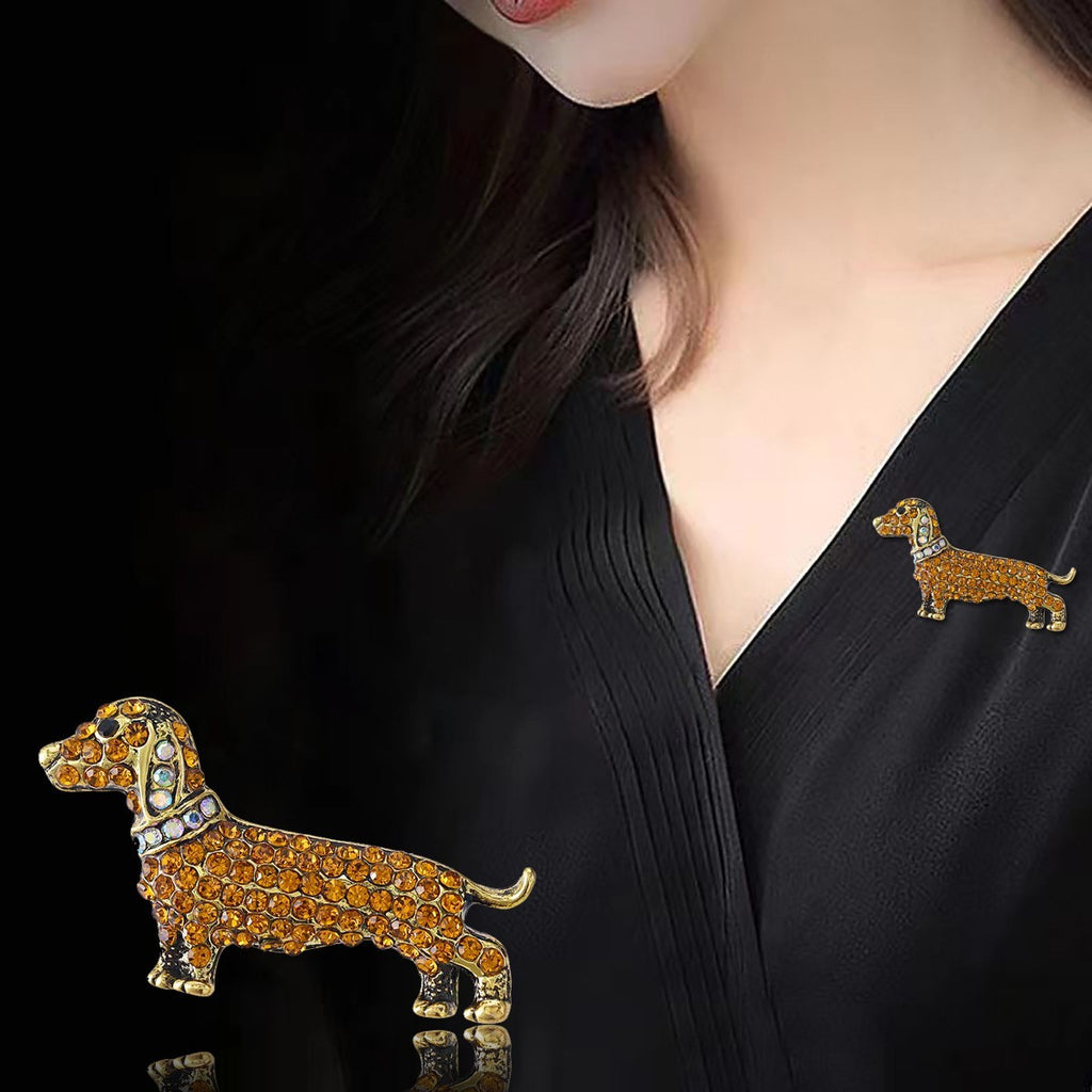 Brosche Dackel Wiener Hund Goldbraune Kristalle auf Gold Farben Modische Schmuck8