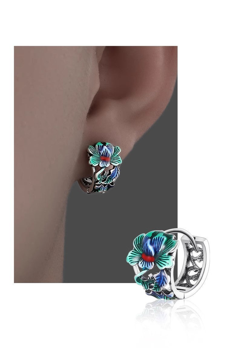 Herren Ohrringe Creole mit CloisonnéPfingstrosenmotiv, modisch und hochwertig,0