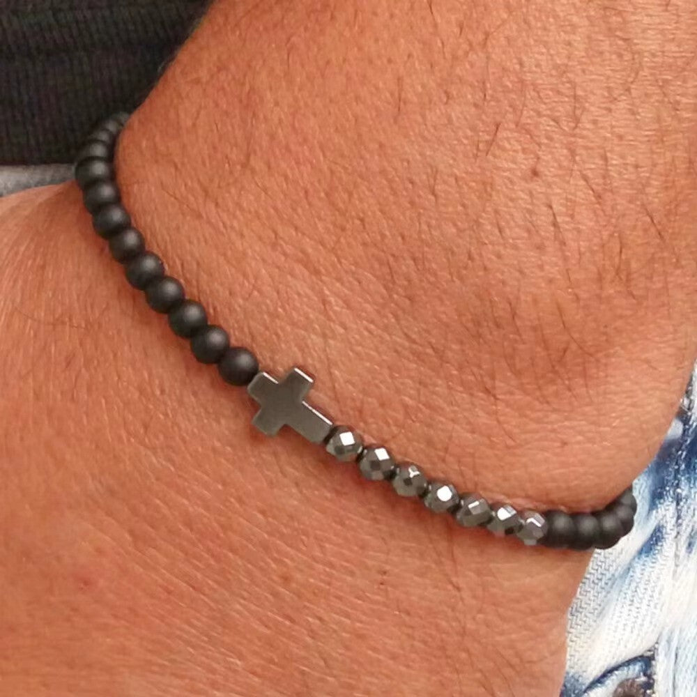 Armband Naturstein Achat  Kreuz Jesus Herren Damen Unisex Trend schwarz matt5
