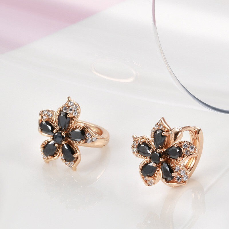 Luxus Damen Ohrringe Creolen Blumen Schwarze Zirkon Kristal 585RG Roségold übe8