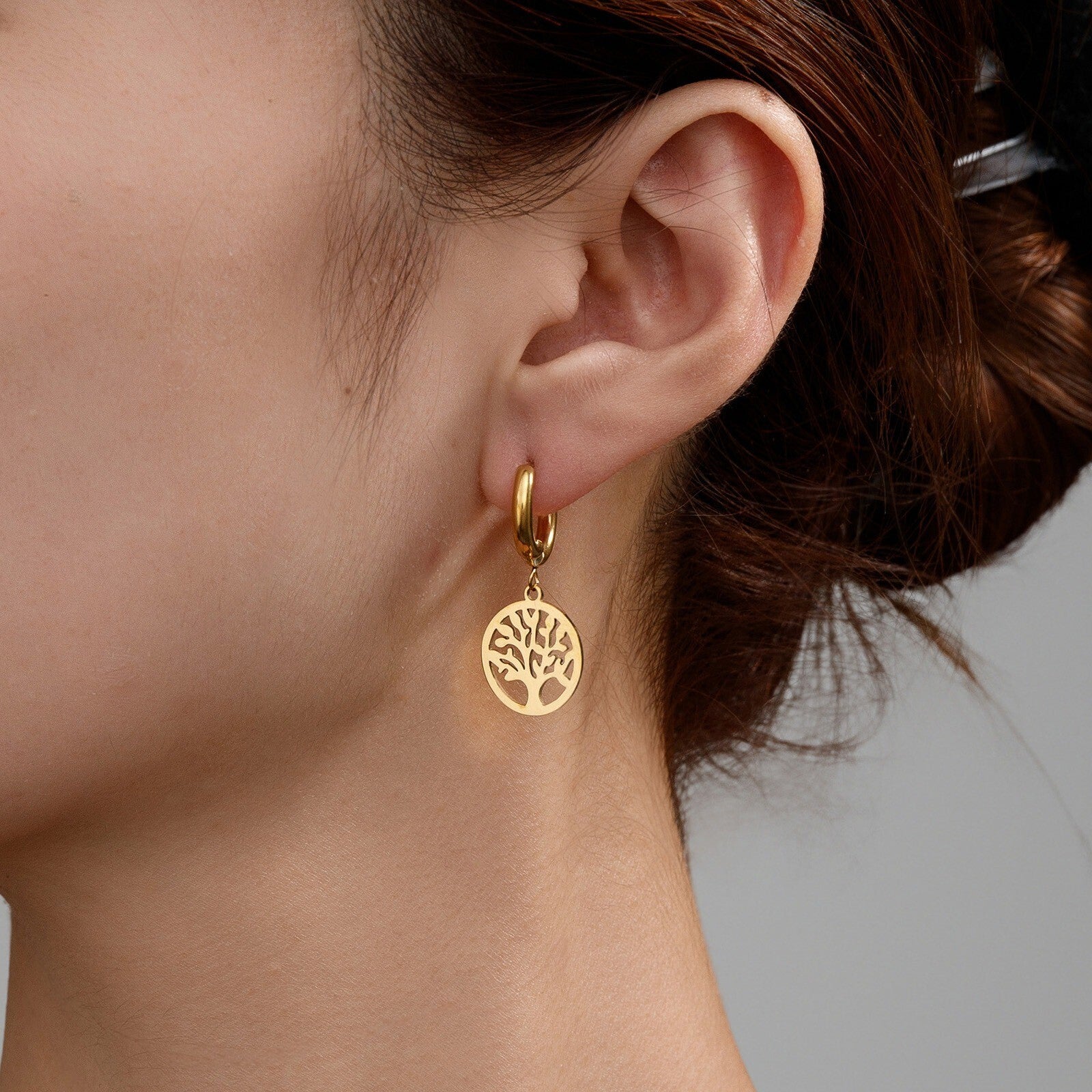 Luxus Damen Ohrringe Creolen Lebensbaum 18K Gold Frauen Edelstahl Ohrringe2