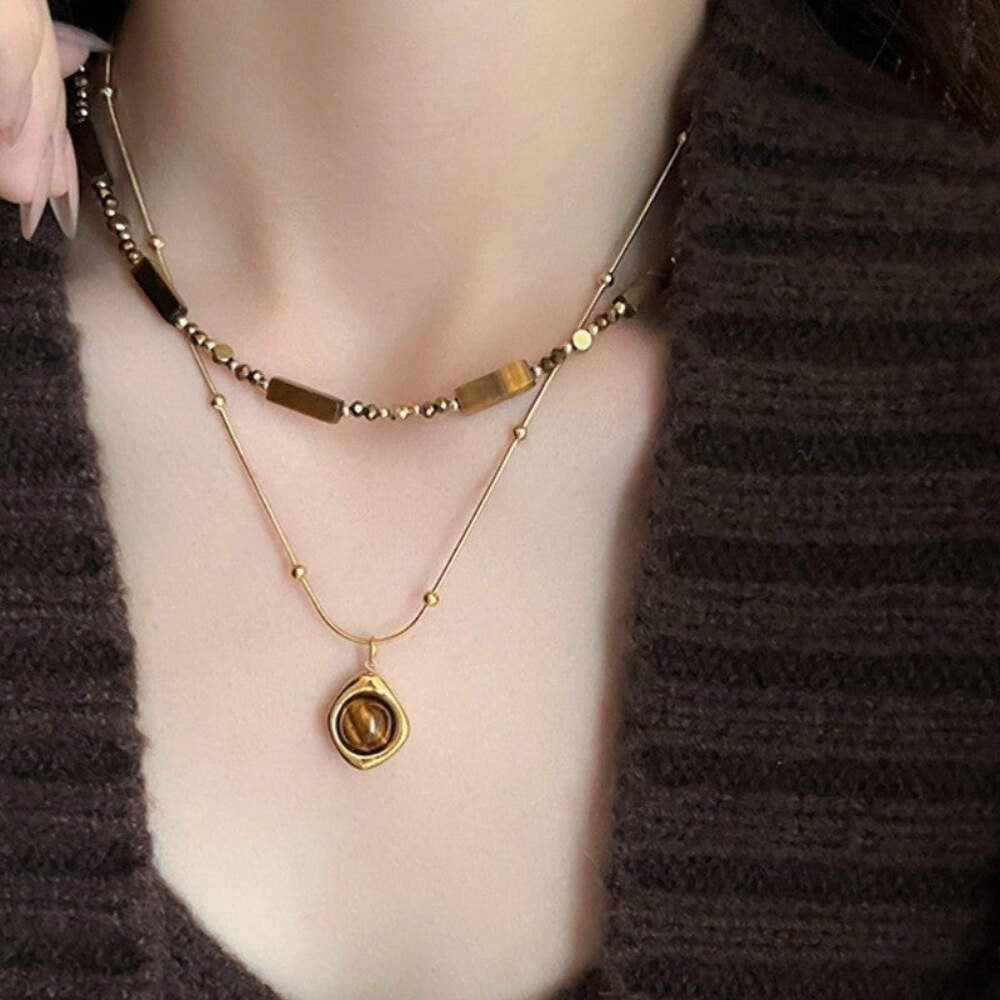 Zweireihige Perlenkette mit Tigerauge Anhänger, elegante vergoldete Edelstahlhal20