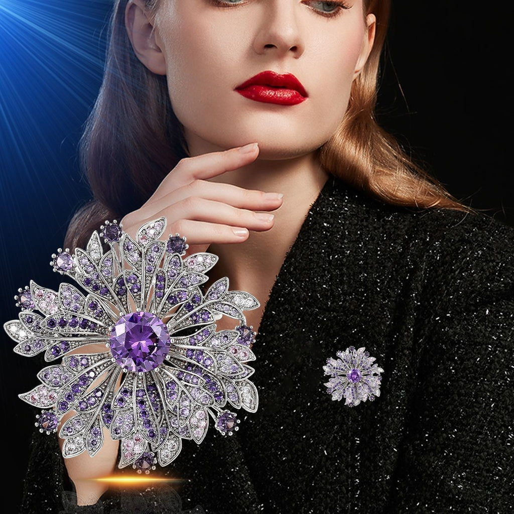 Luxus Damen Silber Brosche Sonnenblumen voller Lila Diamanten corsage temperame13
