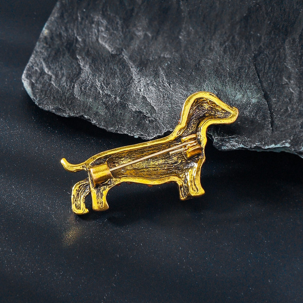 Brosche Dackel Wiener Hund Goldbraune Kristalle auf Gold Farben Modische Schmuck1