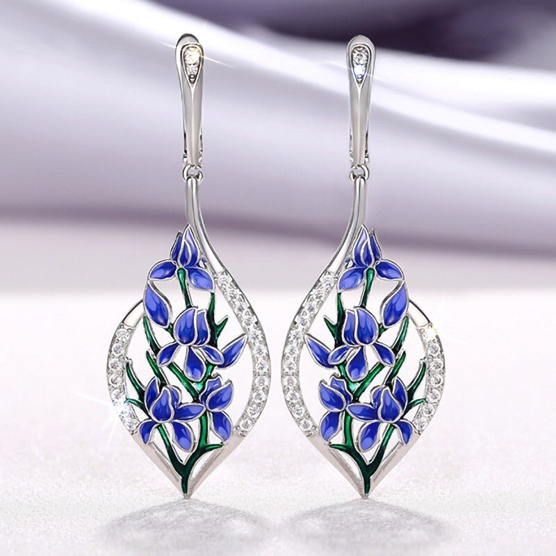 Blaue Blumen Ohrringe Damen Weißgold lang mit Emaille Design Schmuck4