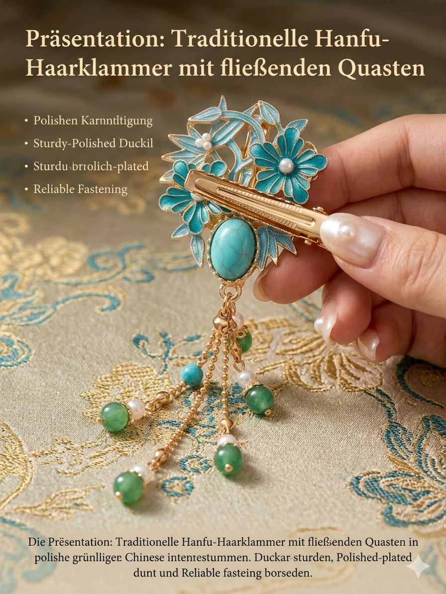 Haarspange im Hanfu Stil – Blau Emaille & Quasten – Retro Haarschmuck – Fu Symbo0