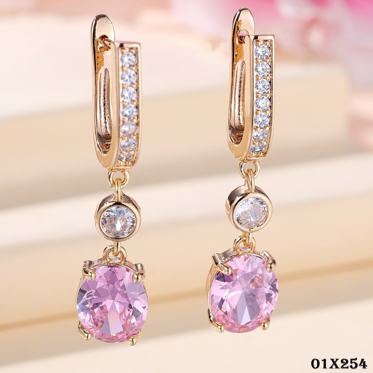 Luxus Damen Ohrringe Champagnergold Rosa Diamant mikroeingelegter weißer Diaman0