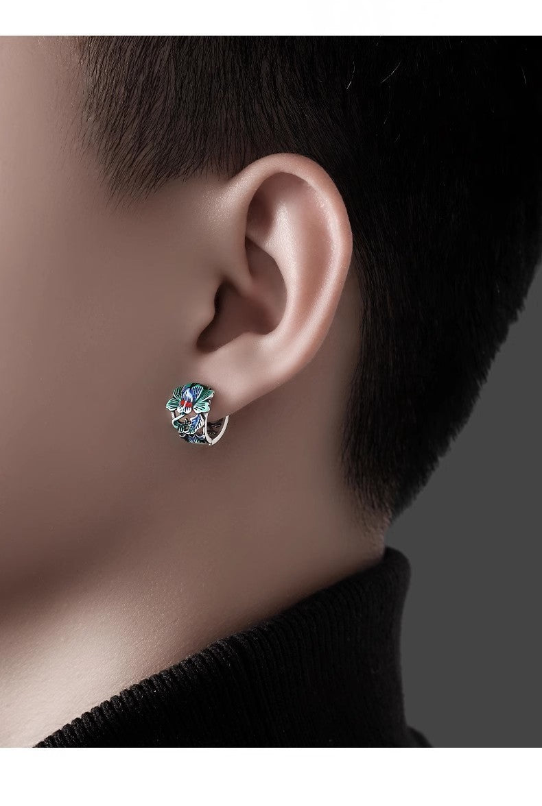 Herren Ohrringe Creole mit CloisonnéPfingstrosenmotiv, modisch und hochwertig,7