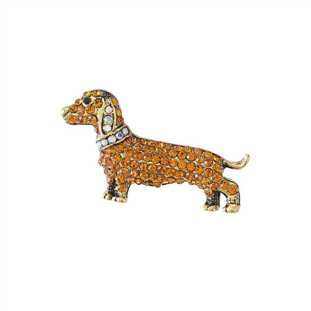 Brosche Dackel Wiener Hund Goldbraune Kristalle auf Gold Farben Modische Schmuck2