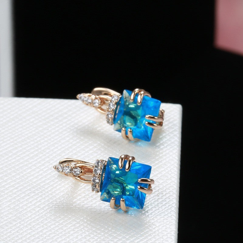 Luxus Damen Ohrringe 585RG Rosé Gold geometrische würfel blau zirkon ohr schnall6