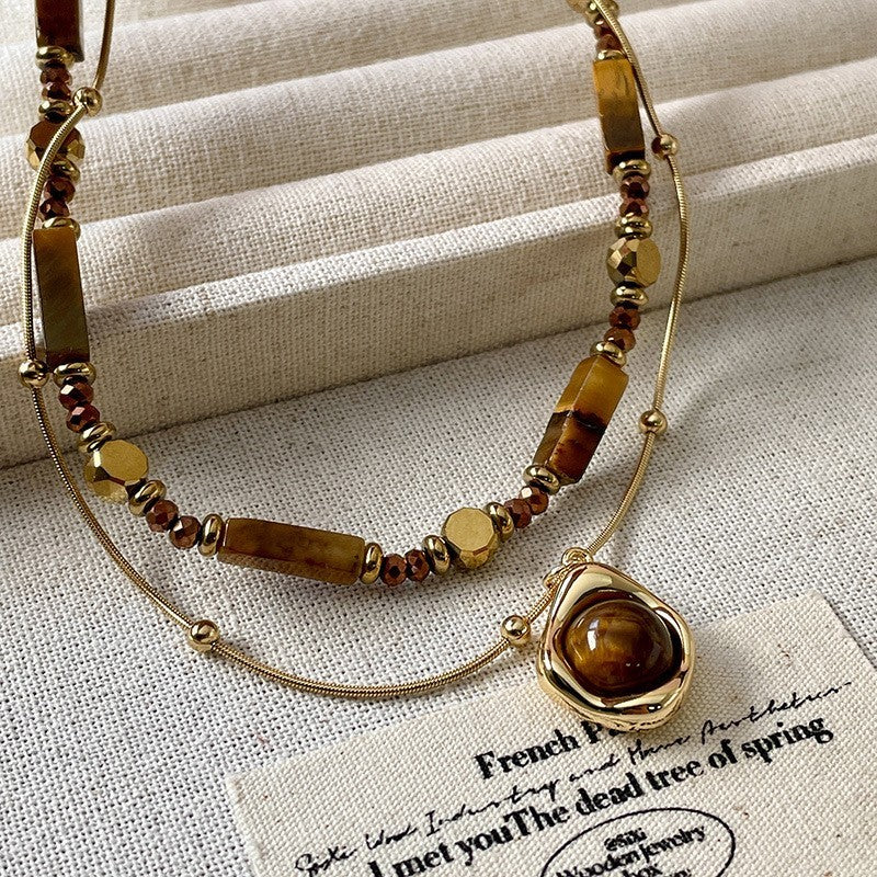 Zweireihige Perlenkette mit Tigerauge Anhänger,Elegante Gold Halskette Edelstahl15