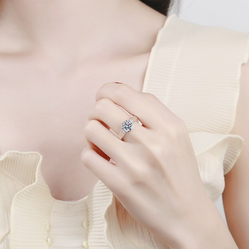 925 Sterlingsilber Damen Ring 1Karat Zirkon Doppelt gefasster Blumenring Geschen7